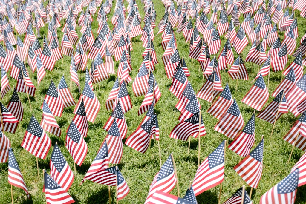 Hundreds of little American Flags on a green lawn.